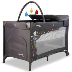 Asalvo Baby travel cot with changing table, play arch, and storage pockets, black - Asalvo