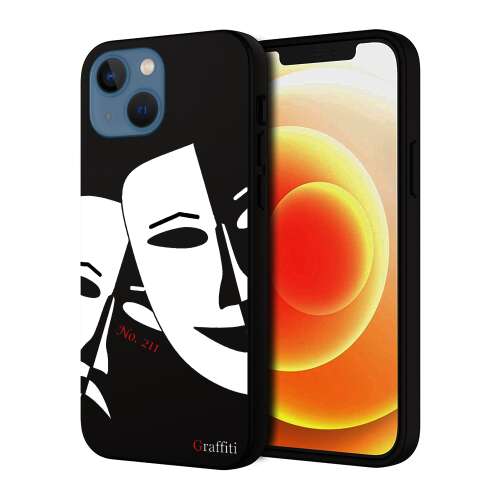 Graffiti iPhone 14 Plus telefontok fekete-fehér maszk mintával - Telefon