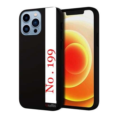 Graffiti iPhone 13 Pro Max telefontok, fekete fehér csíkkal és piros No. 199 mintával - Telefontok