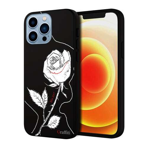 Graffiti iPhone 13 Pro Max telefontok fehér rózsás mintával fekete alapon 