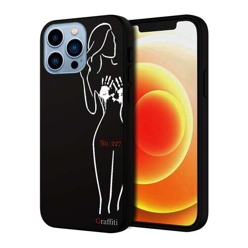 Graffiti iPhone 13 Pro Max telefontok fehér női sziluetttel fekete alapon 