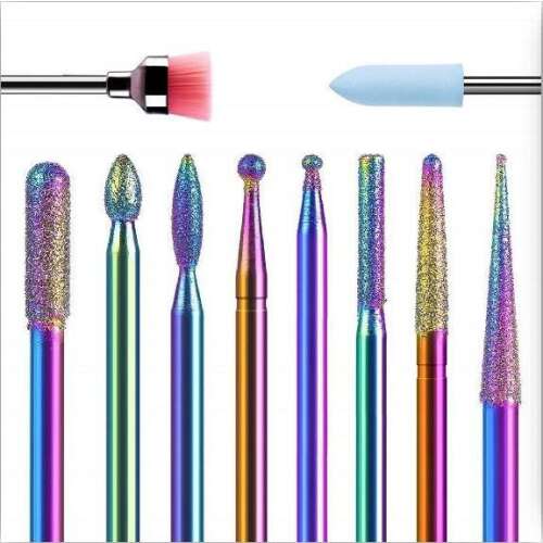 10 darabos szivárvány színű körömcsiszoló fej szett, 8 db gyémánt csiszolófej, 1 db polírozófej és 1 db tisztító kefe