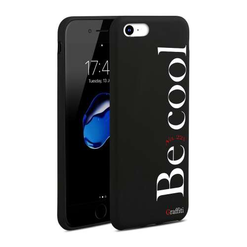 Graffiti iPhone 8 tok, fekete szilikon tok fehér 'Be cool' felirattal 
