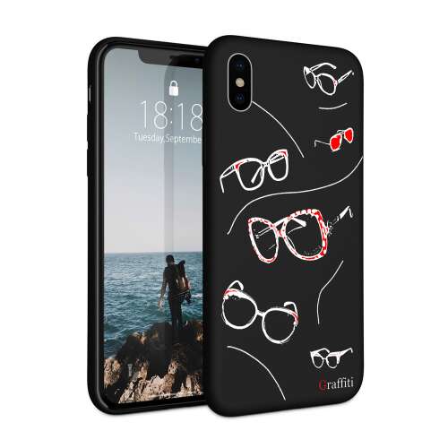 Graffiti iPhone X tok szemüveg mintával, fekete szilikon telefontok 