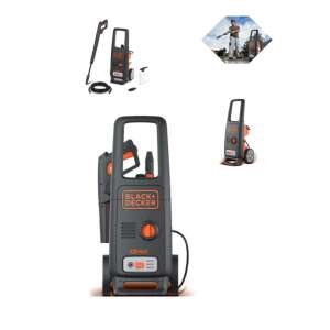 Black+Decker BXPW1600E 1600W 125bar pressure washer, black and orange, with accessories and usage examples - Garden