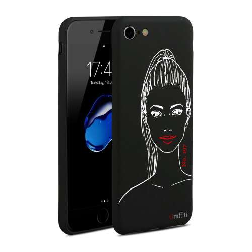 Graffiti iPhone 8 Plus telefontok fekete-fehér mintával, egy nővel, piros ajkakkal 