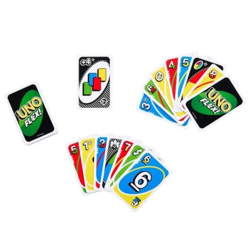 UNO Flex card game cards spread on white background