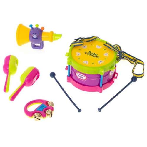 Csörgő hangszerek készlet gyerekeknek, tartalmaz egy dobot, marakákat, tamburint és trombitát