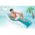 Man relaxing on Intex inflatable lounge chair, blue and white, by the pool