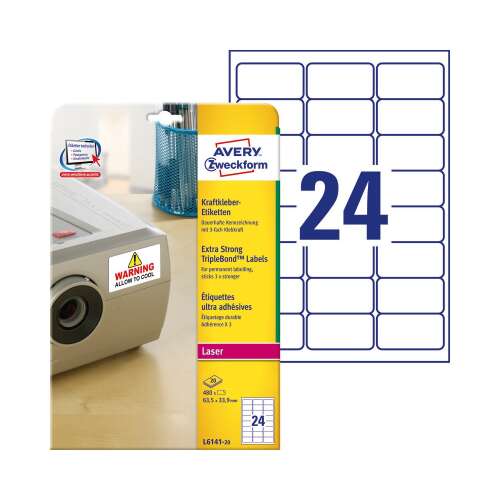 Avery Zweckform L6141-20 lézer címkék, 63,5 x 33,9 mm, extra erős háromszoros ragasztás, 24 címke, fehér - Etikett címke