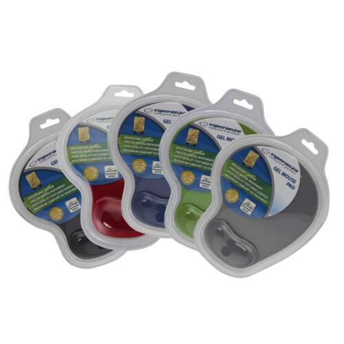 Esperanza gel mouse pads with wrist rests in multiple colors, packaged