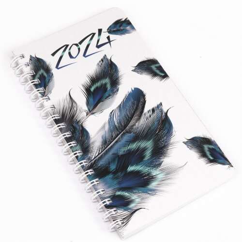 2024-es Realsystem heti zsebnaptár fehér lapokkal és tollal, spirálozott, páva toll mintával