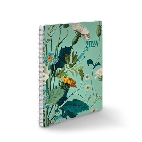 Realsystem 2024 weekly planner with floral design, A5 size, spiral bound
