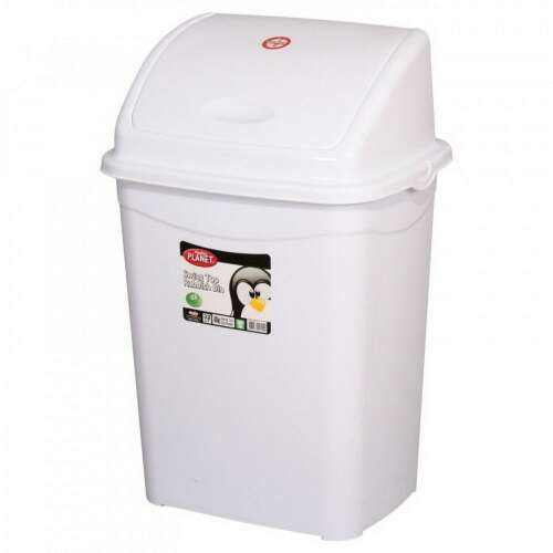 White 16 liter plastic trash can with flip lid, Planet brand