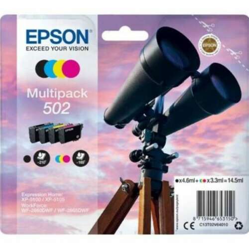 Epson 502 Multipack мастилни касети, 4-пакет, черен, циан, магента, жълт, за принтери Epson Expression Home XP-5100, XP-5150, WorkForce WF-2860DW, WF-2865DW