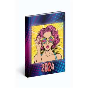 Fiestina 2024 zsebnaptár nőknek, pop art dizájnnal, egy rózsaszín hajú, napszemüveges nővel - REALSYSTEM