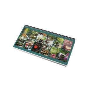 Realsystem 2024 Meditation Tischkalender mit grünem Einband, zeigt eine Collage von Zen-Gartenbildern - REALSYSTEM