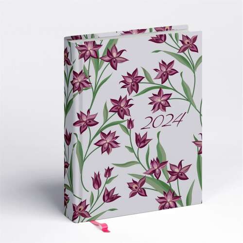 Librobella 2024-es napi határidőnapló hölgyeknek, lila virág mintával