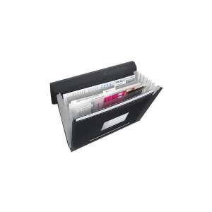Esselte Vivida black A4 accordion folder with 6 pockets, open, showing papers - Accordion folder