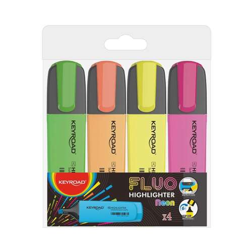 Keyroad Fluo Neon Highlighter Set, 4 pack, green, orange, yellow, pink