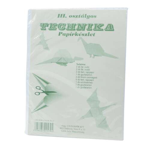 Technika papírkészlet 3. osztályosoknak, különféle papírokat tartalmaz kézműveskedéshez, origamihoz és egyebekhez