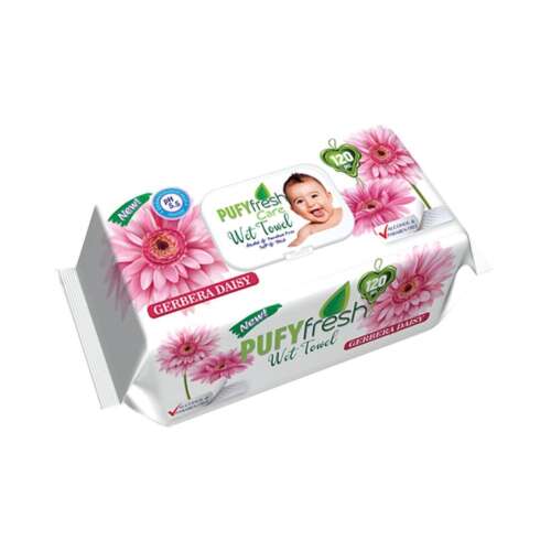 Pufy Fresh Care Nedves Törlőkendő, 120 db, Gerber Daisy, babatörlőkendő, kíméletes a bőrhöz