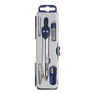 Ico kék 5 darabos körzőkészlet fém lábakkal, 2 cm-es grafitheggyel, véletlen szúrást akadályozó műanyag dobozban, hegyező, póthegy, körző - ICO