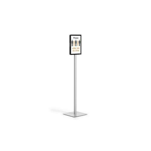 Durable Basic A4 information board stand, antracit, with a sign that says 'Please enter one at a time'