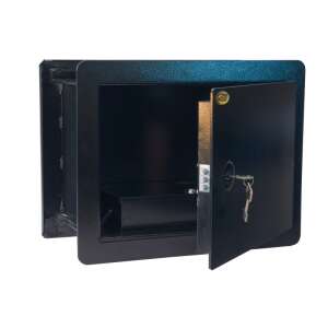 Black wall safe with a key in the lock, open door showing the interior - Nonbrand Security Safe