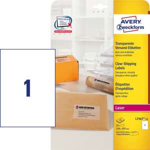 Avery Zweckform L7567-25 Átlátszó szállítási címkék, 25 ív, 210 x 297 mm, lézernyomtatóhoz - Avery