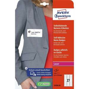 Etikett címke, 63,5 x29,6mm, textil 27 címke/ív, 20 ív/doboz, Avery fehér 78767516 - Avery