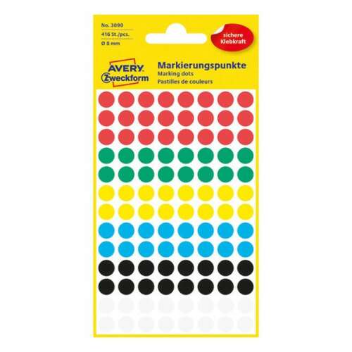 Avery Zweckform 8mm round dot stickers in assorted colors, 416 stickers per pack