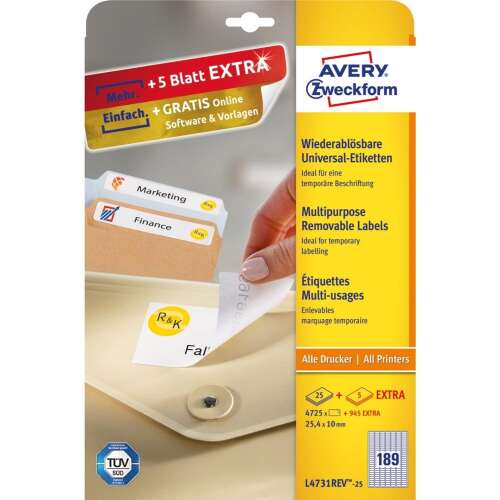 Label sticker, 25,4 x10mm, universal retractable, 189 labels/sheet, 25 sheets/box, Avery white