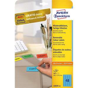 Avery Zweckform removable color labels, 48 labels per sheet, 20 sheets per box, blue, color coding, organizing, documents, files, folders - Office paper product