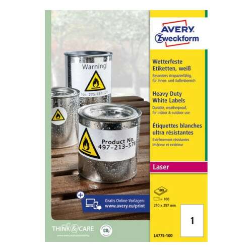 Etichete albe rezistente la intemperii Avery, 210 x 297 mm, 1 etichetă pe foaie, 100 foi pe cutie, rezistente, imprimabile cu laser, pentru uz interior și exterior