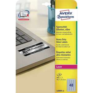 Avery Zweckform L6009-20 silver heavy duty labels for laser printers, 48 labels per sheet, 20 sheets per box - Label sticker