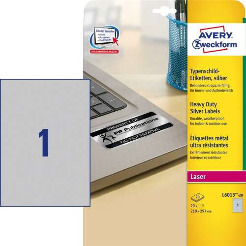 Avery heavy duty silver label applied on laptop, product packaging