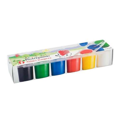 6 db-os tempera készlet, 25 ml-es tégelyekben, színek: fekete, zöld, kék, piros, sárga, fehér - Tempera