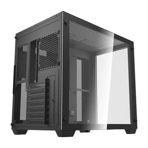 Darkflash C285 computer case, black, tempered glass side panel, angled view