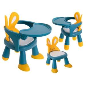 Collage of the KX5846 feeding chair and table, yellow and blue, with bunny ears, showing the chair with and without the table - High Chair