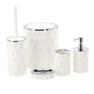 Modern bathroom set, 5 pieces, white, includes soap dispenser, toothbrush holder, toilet brush, soap dish, and trash can - Form Plastic