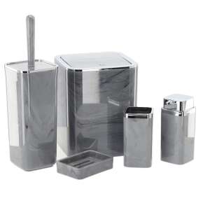 Modern 5-piece bathroom set in gray marble look, includes soap dispenser, toothbrush holder, soap dish, toilet brush holder and trash can - Other bathroom accessory