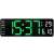 Digital wall clock with green LED display showing time, date, day of the week, and temperature
