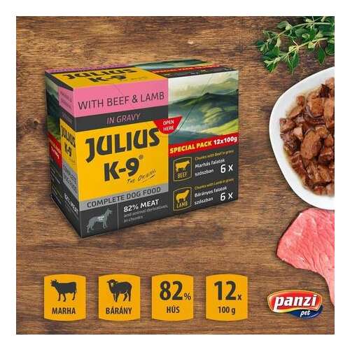 Julius-K9 Beef & Lamb szószos falatok kutyáknak (8 doboz | 8 x 2 x 6 x 100 g) 9.6 kg