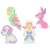 Meli Minis WAFLE building blocks, pastel colors, example builds of a dog, a princess, a parrot, and a rabbit