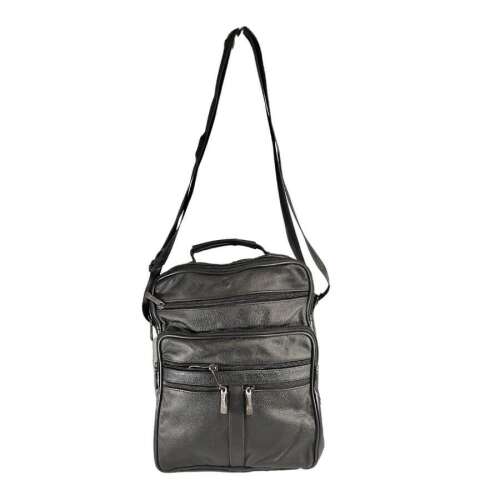 Fekete bőr válltáska férfiaknak, állítható pánttal, több rekeszes, cipzáros, elülső nézet