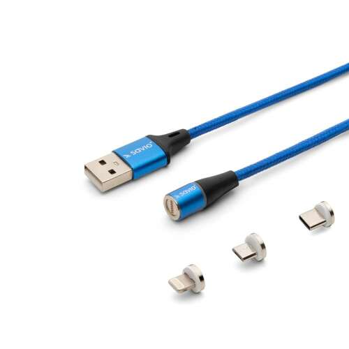 Cablu USB albastru Savio CL-154 cu conectori USB-A, USB-C, Micro-USB și Lightning