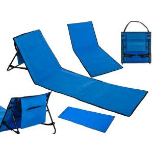 A <product_name>Összecsukható Strandszőnyeg Nyugágy Állítható Háttámlával - Sötétkék</product_name> összecsukható strandszék különböző pozíciókban és összehajtott állapotban - Strandcikk
