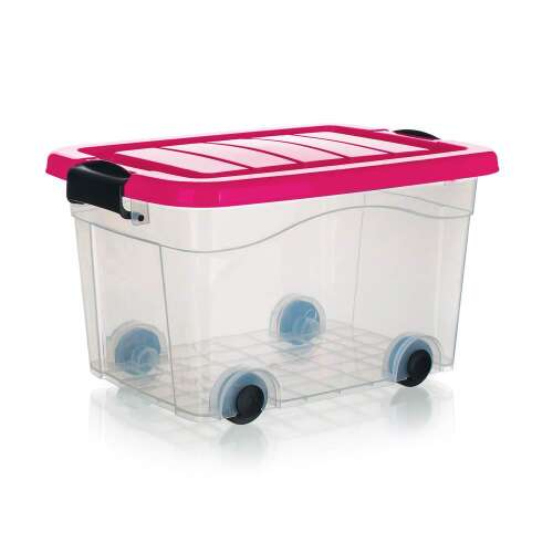 Rózsaszín 20 literes átlátszó tárolódoboz kerekekkel és fedéllel, PYRAMIDA