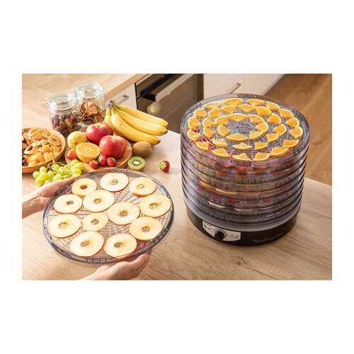 Sencor SFD 3109BK Food Dehydrator with 9 trays, showing dried apple rings and orange slices